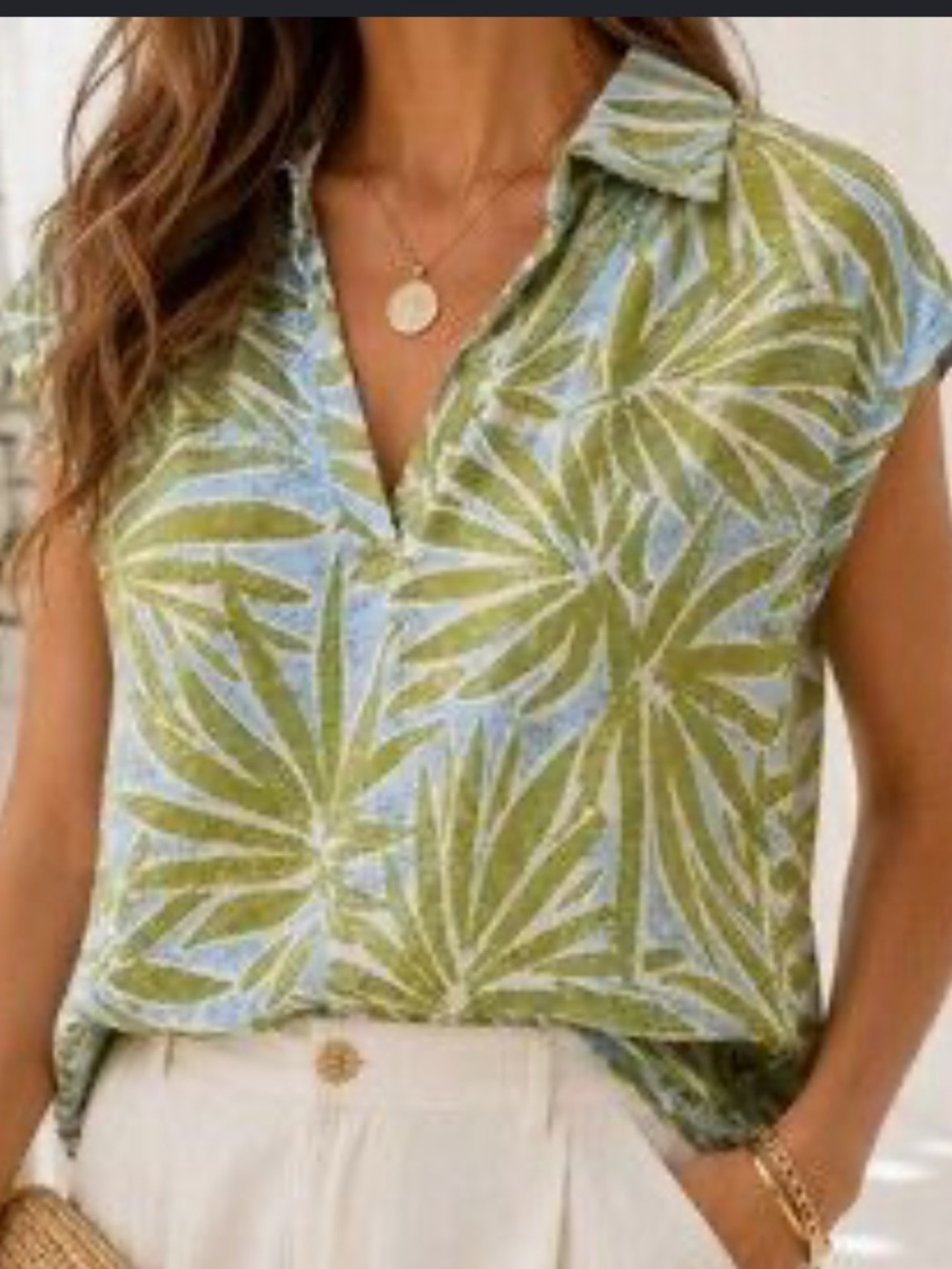 Sigrid Olsen Linen Palm Leaf Print Button Down Short Sleeve Shirt Size large NWT